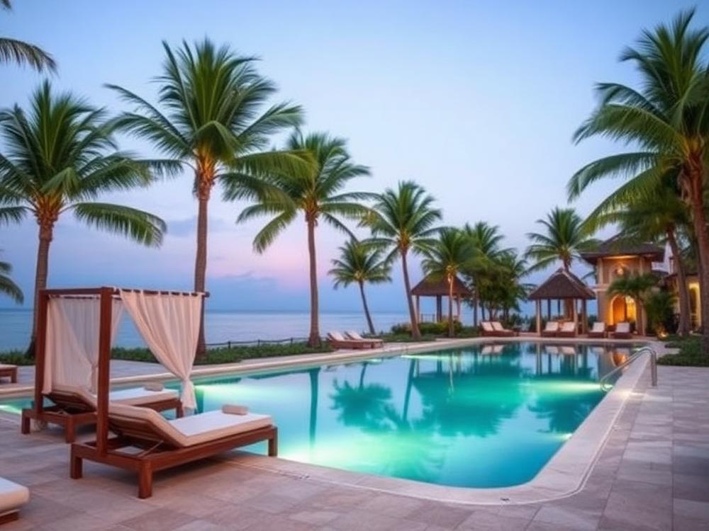 Área de piscina tranquila de resort Adults Only com espreguiçadeiras e coqueiros