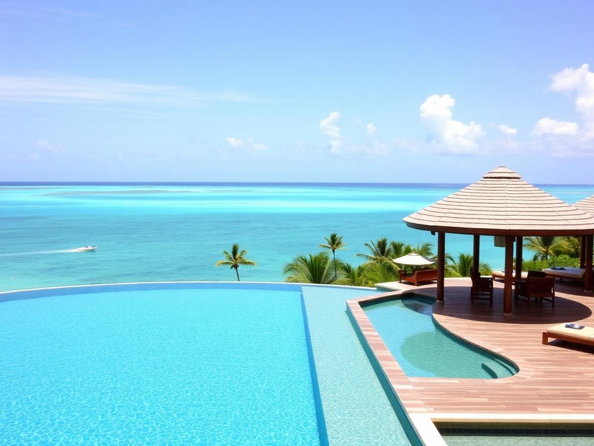 Piscina de borda infinita de resort All Inclusive com vista para o mar azul-turquesa do Caribe