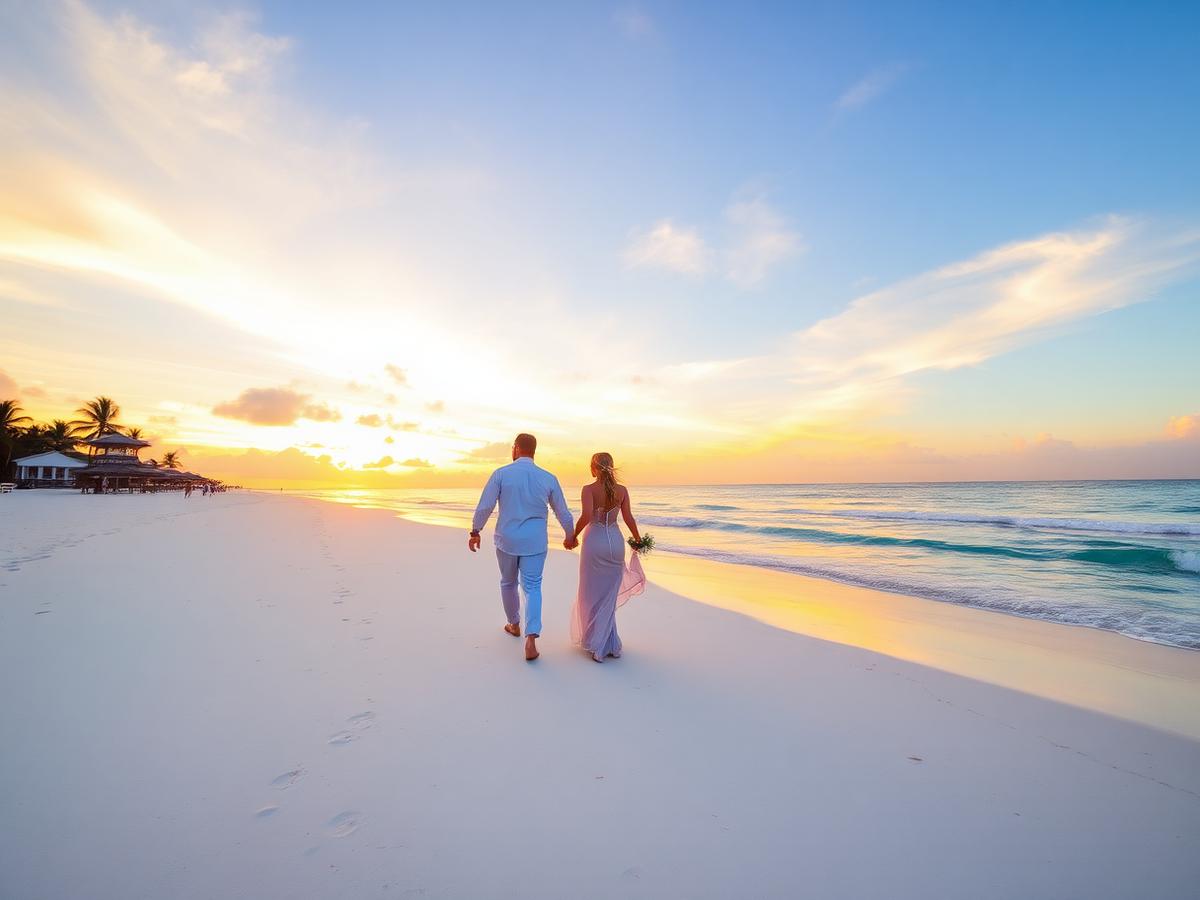 Casal caminhando de mãos dadas em praia de areia branca em Cancún ao pôr do sol