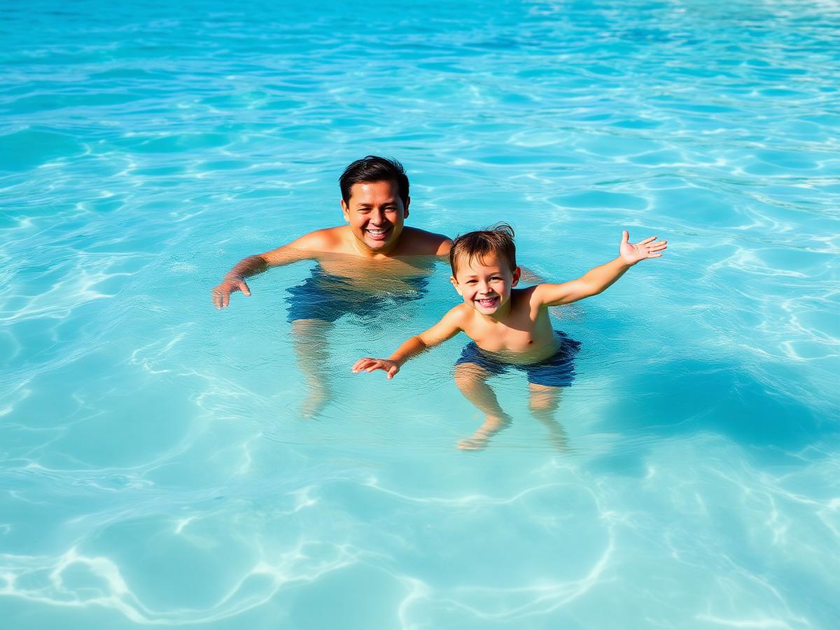 Família se divertindo no mar transparente de águas rasas em Cancún
