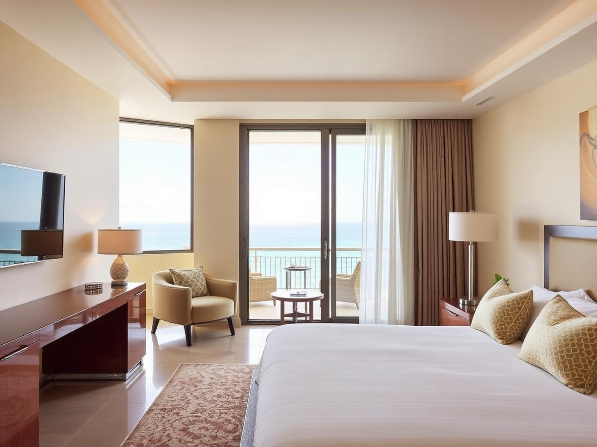 Suíte premium de resort em Cancún com varanda e vista para o mar