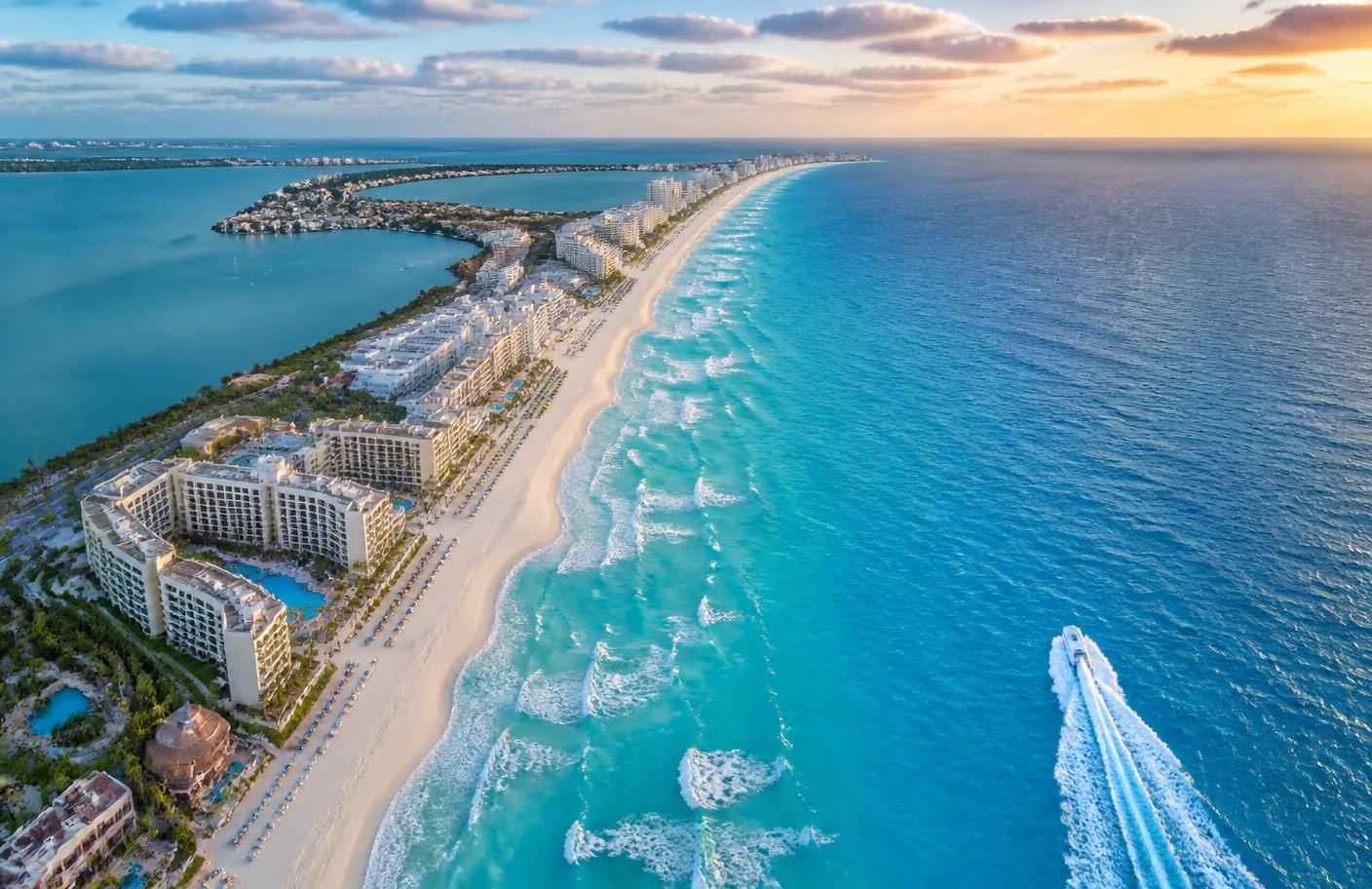Vista aérea da Zona Hoteleira de Cancún com praia de areia clara e Mar do Caribe