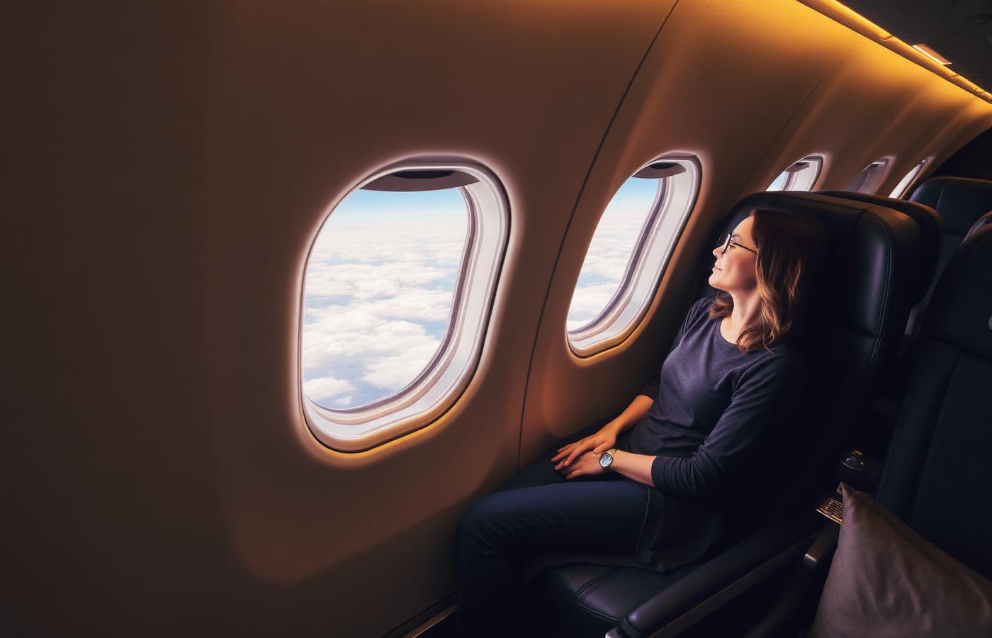 Passageira acomodada em assento premium observando as nuvens pela janela do avião