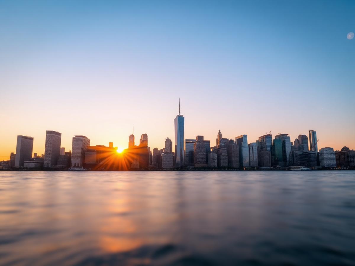 Skyline de Nova York ao amanhecer visto da água