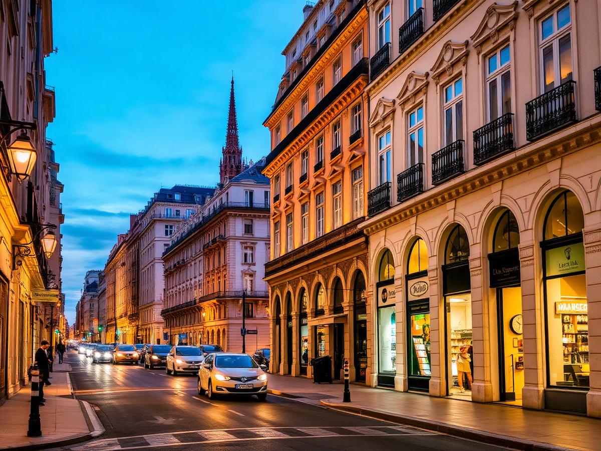 Rua de cidade europeia com arquitetura histórica iluminada ao anoitecer