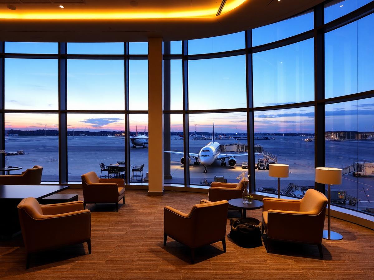 Sala vip de aeroporto internacional com poltronas e vista para a pista ao anoitecer
