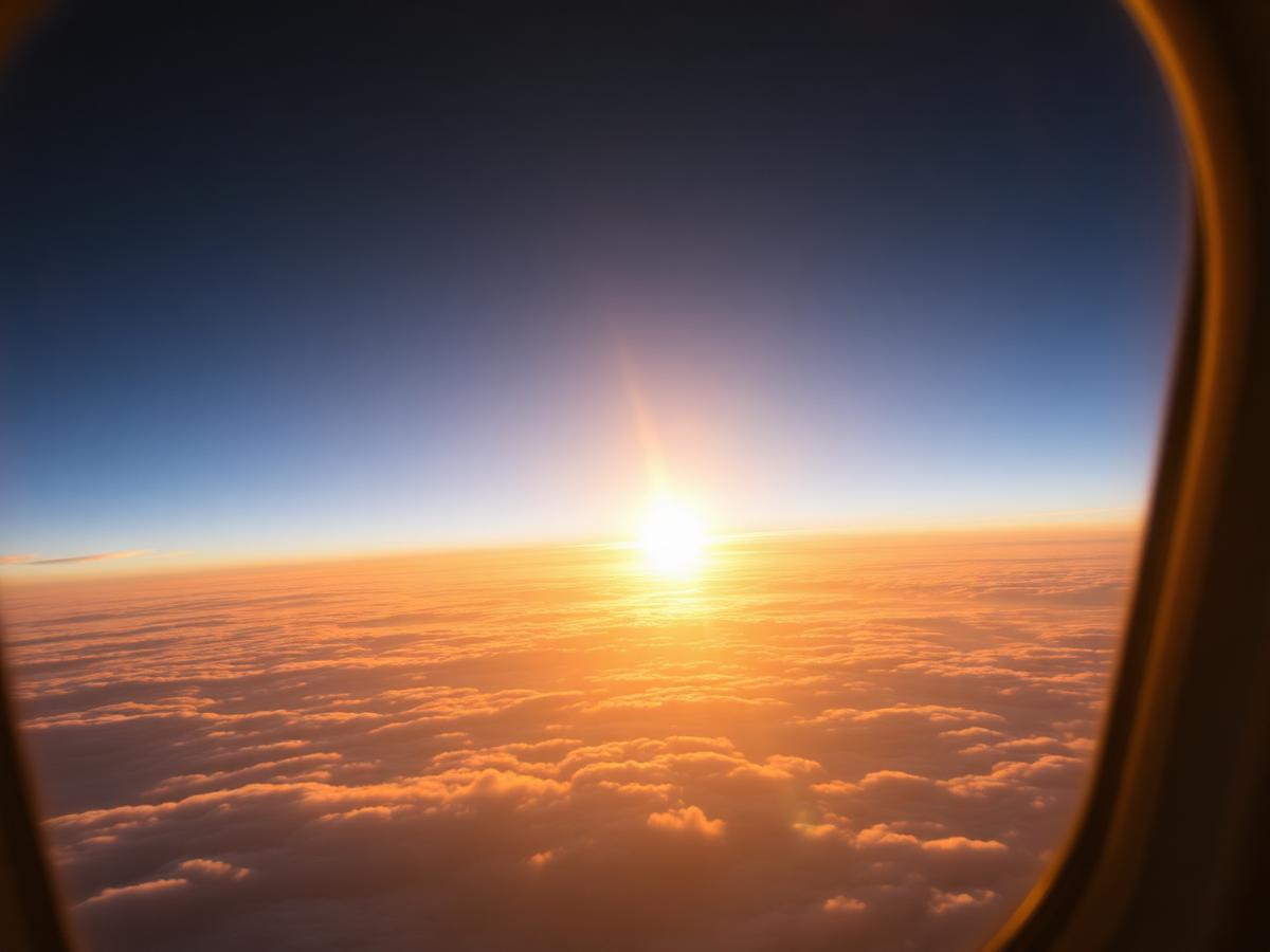 Nascer do sol acima das nuvens visto pela janela de um avião