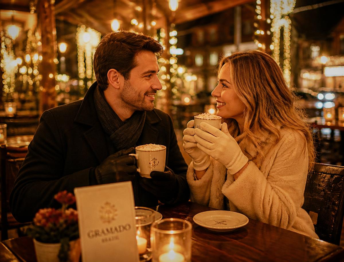 Casal em restaurante acolhedor em Gramado durante o inverno