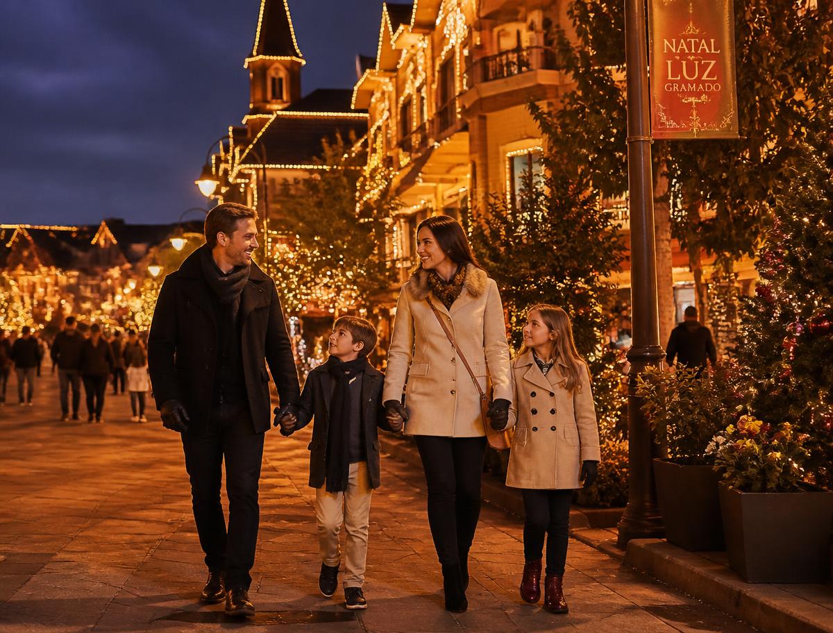 Família caminhando por rua de Gramado iluminada durante o Natal Luz