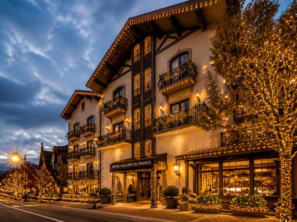 Fachada de hotel no centro de Gramado com luzes de Natal