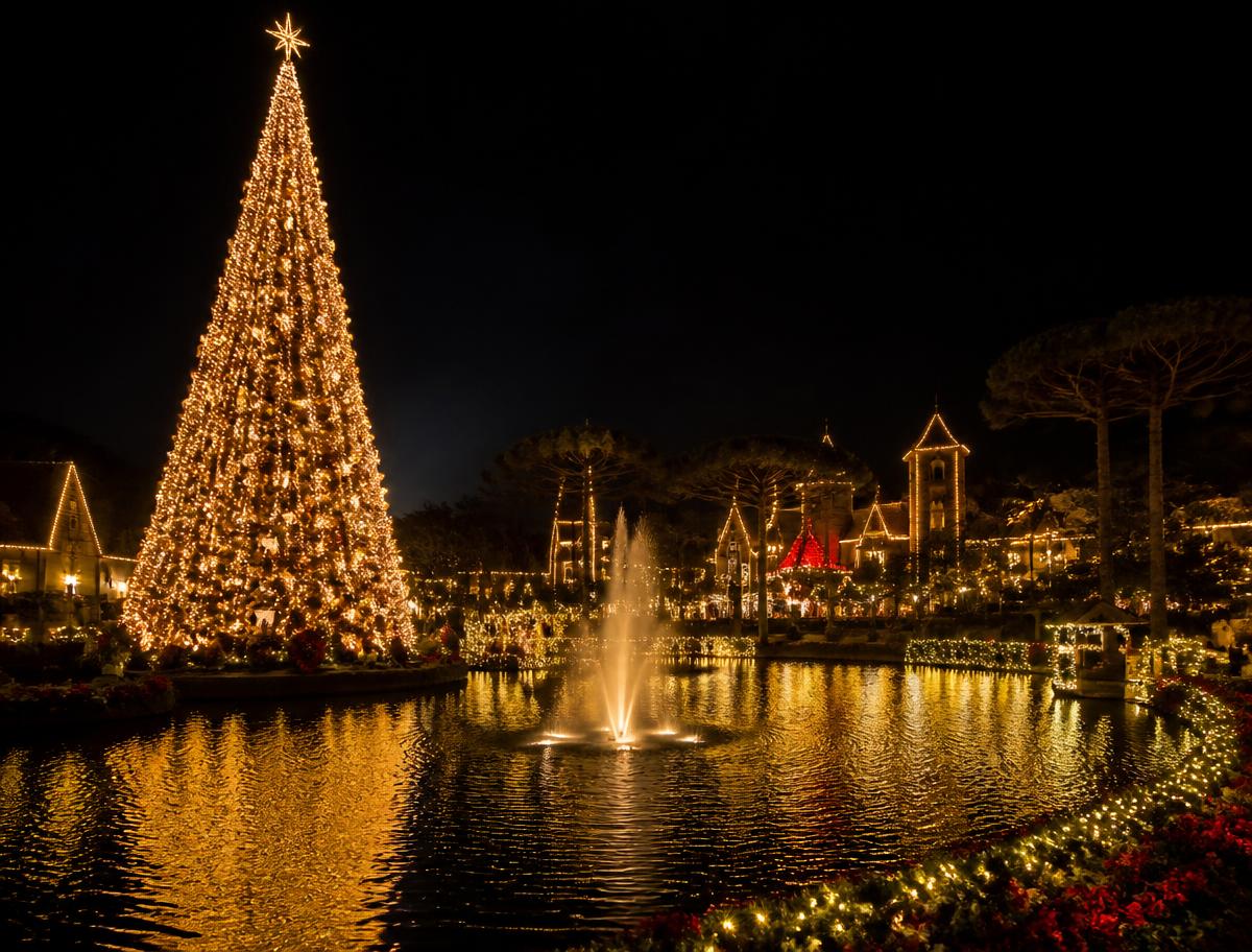 Árvore de Natal iluminada refletida em lago em Gramado