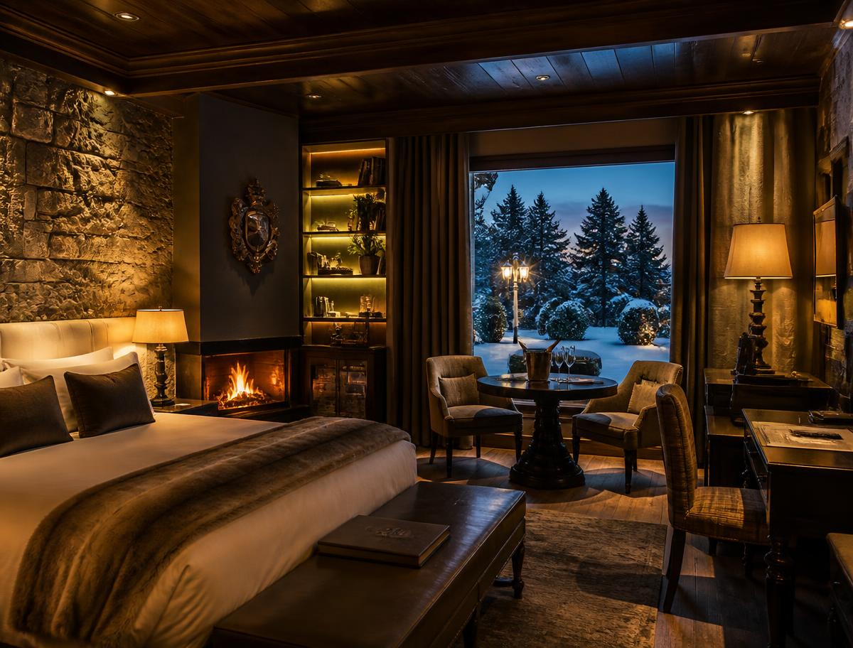 Suíte de hotel premium em Gramado com lareira acesa