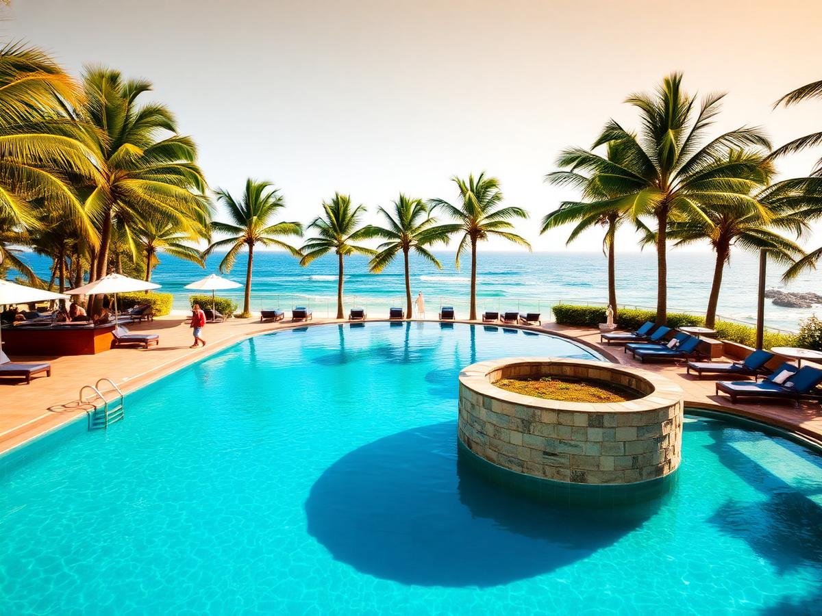 Piscina de resort à beira-mar em Alagoas com coqueiros e mar azul ao fundo