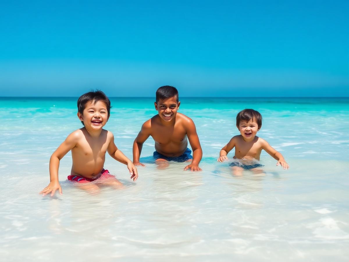 Família com crianças brincando no mar transparente de Maceió