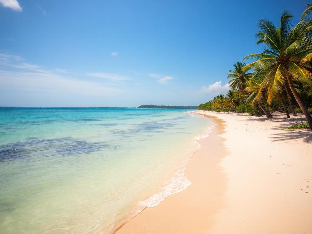 Praia deserta de areia clara com coqueiros no litoral de Alagoas