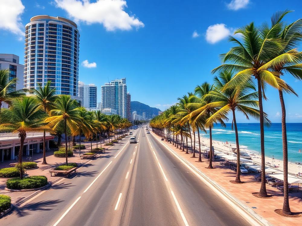Orla urbana de Maceió com prédios, coqueiros e mar azul