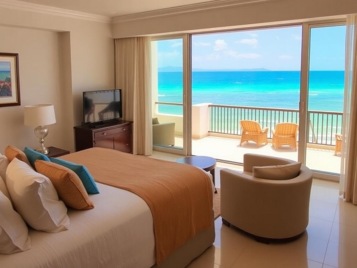 Suíte de hotel premium com varanda e vista para o mar turquesa